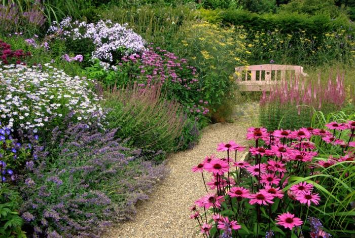 ιδέες σχεδιασμού κήπου τοπίο καλοκαιρινά λουλούδια πάγκο μονοπάτια κήπου