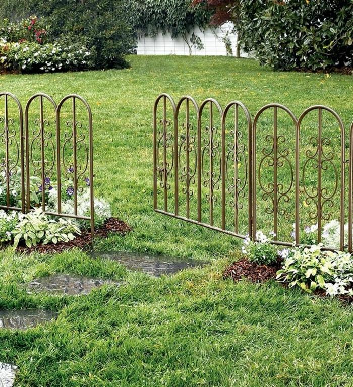 ιδέες σχεδιασμού κήπου μεταλλικά φράχτη κήπου φυτά πράσινο γκαζόν