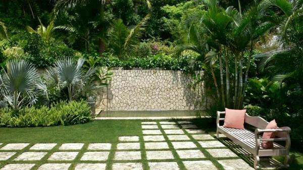 σχέδιο κήπου με πέτρες αυλή γρασίδι φυτά βότσαλο τοίχο