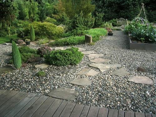 σχεδιασμός κήπου μπροστινός κήπος με διάδρομο από φυσικό πέτρα ξύλινες σανίδες δαπέδου
