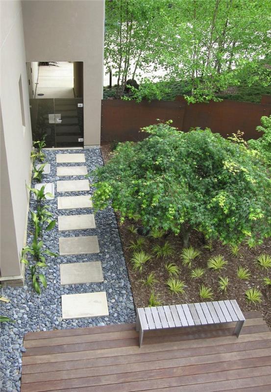 ιδέες σχεδιασμού κήπου φυτά κήπου χαλίκι πάγκος πλακών πεζοδρομίου
