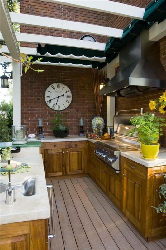 ιδέες κήπου λειτουργική εξωτερική κουζίνα με άφθονο αποθηκευτικό χώρο και ξύλινα πατώματα