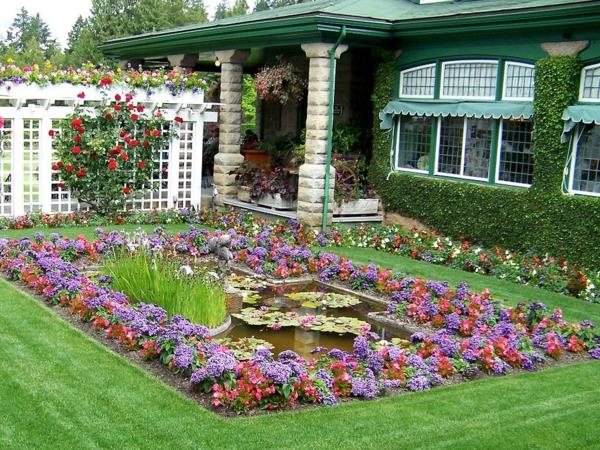 ιδέες κήπου δημιουργούν μια λίμνη κήπου καλοκαίρι λουλούδια πέργκολα οθόνη ιδιωτικότητας κόκκινα τριαντάφυλλα