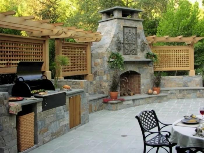 ιδέες κήπου με εξωτερική πέτρα κουζίνας και ξύλο για φυσική εμφάνιση