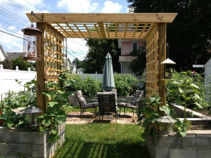 ιδέες κήπου πέργκολα έπιπλα κήπου σετ μαξιλάρια κήπου ρίγες διακόσμηση κήπου