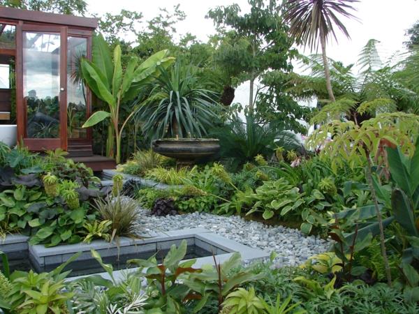 ιδέες κήπου τροπικά φυτά μπανάνα φοίνικα φυσικές πέτρες λίμνη κήπου