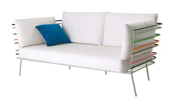 υπαίθρια έπιπλα σχεδιασμός λευκό δέρμα επικαλυμμένος καναπές μπλε μαξιλάρια