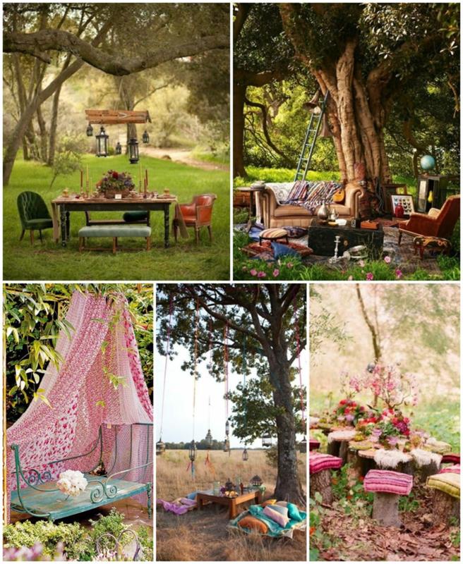 πάρτι κήπου διακοσμητικές ιδέες boho chic στυλ διακόσμηση παλιά vintage έπιπλα κήπου φανάρια μαξιλάρια πολύχρωμα υφάσματα