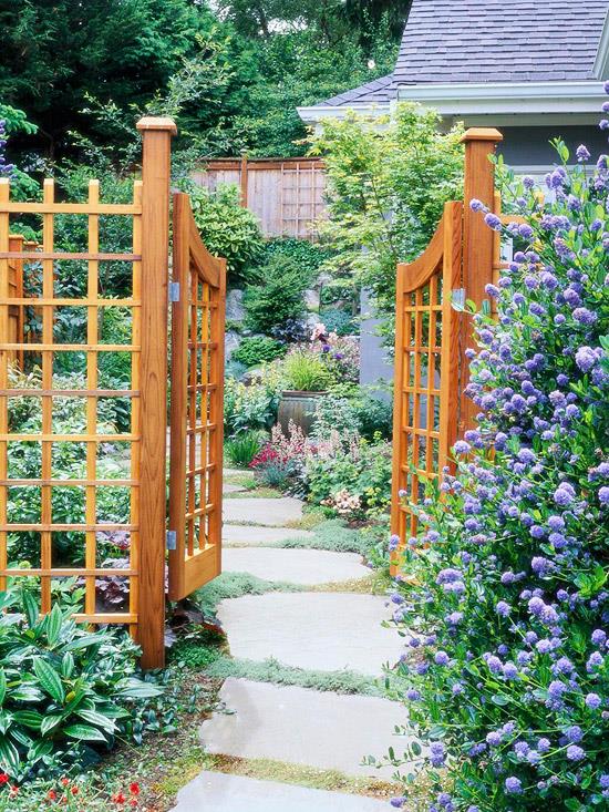 διάδρομος διαδρόμου σχεδιασμός κήπου πλέγμα φράχτη ξύλινη πύλη