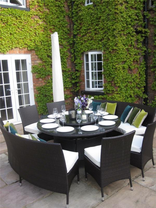 ιδέες κήπο σχεδιασμός κήπου τραπέζι έπιπλα κήπου σετ γύρω από μπαστούνι κομψά μαξιλάρια ρίψης