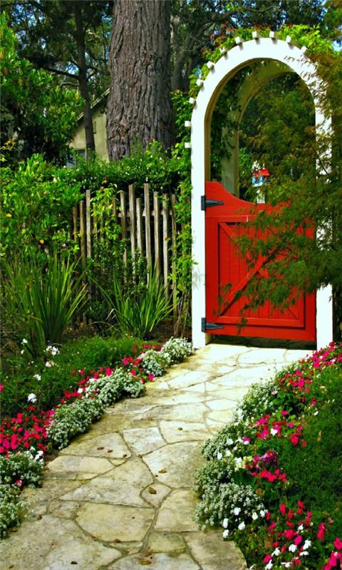 σχέδιο πόρτας κήπου κόκκινο λευκό πλαίσιο όμορφο μονοπάτι κήπου