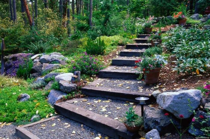 Φτιάξτε τις δικές σας ιδέες για σκάλες στον κήπο ξύλινα δοκάρια βότσαλα