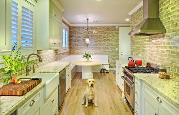 κίτρινο λαμπραντόρ σε μοντέρνα σκυλιά κουζίνας στο σπίτι ξύλινο δάπεδο