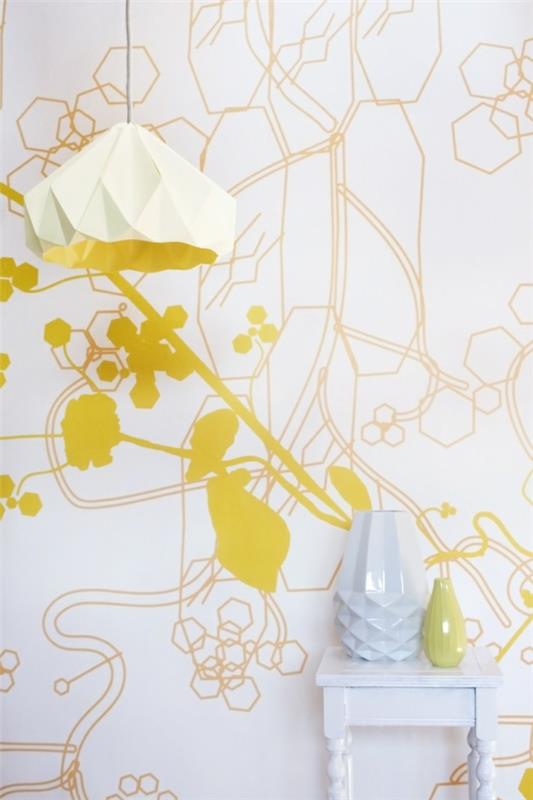 κίτρινη ταπετσαρία χρώμα προφορά κίτρινο σαλόνι επίπλωση σχεδιασμός τοίχου μοντέρνα ταπετσαρία