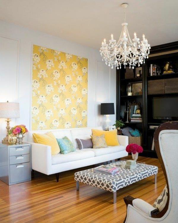 κίτρινη ταπετσαρία μοτίβο ταπετσαρίες floral μοτίβο σαλόνι ιδέες σχεδιασμού τοίχων