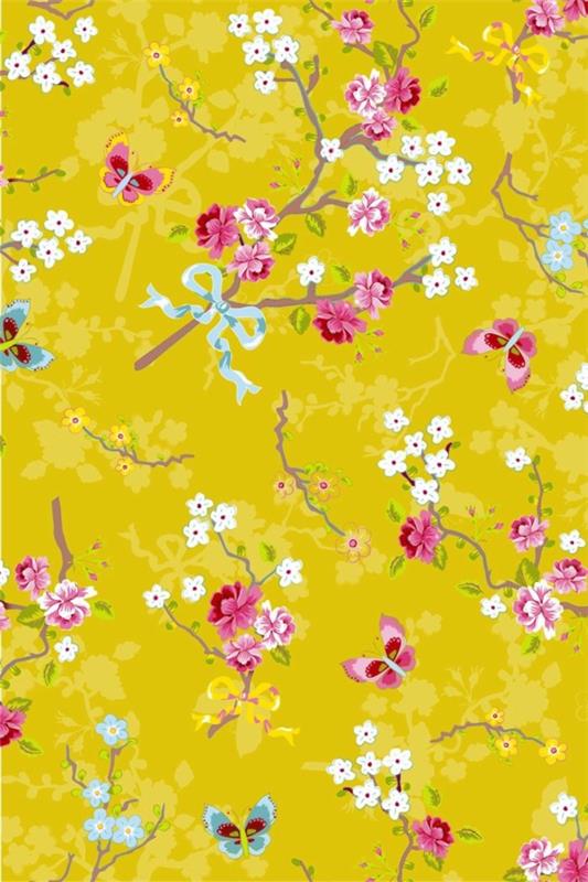 κίτρινη στέπα μοτίβο ταπετσαρία σαλόνι ιδέες σχεδιασμός τοίχου λουλούδι μοτίβο