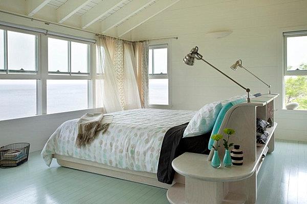 μοντέρνες βαμμένες ιδέες δαπέδου μπλε υπνοδωμάτιο με θέα στη θάλασσα