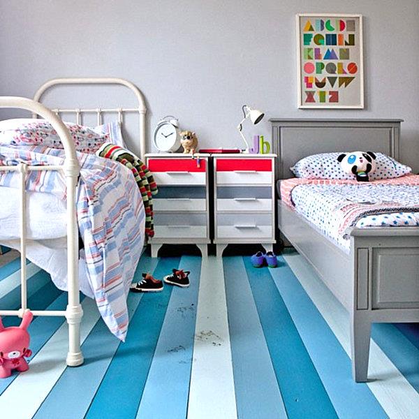 ζωγραφισμένο δάπεδο που καλύπτει ιδέες μπλε λευκές ρίγες παιδικό δωμάτιο