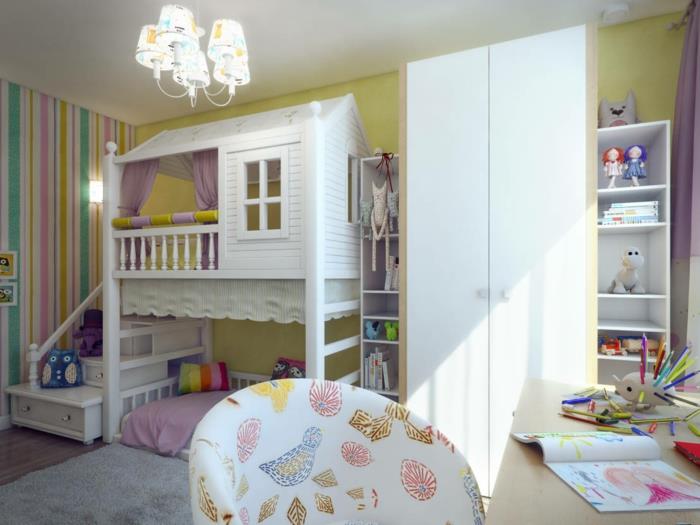 σχεδιασμός παιδικού δωματίου μωβ τόνους σοφίτα κρεβάτι λευκή ντουλάπα ταπετσαρία λωρίδα ταπετσαρίας