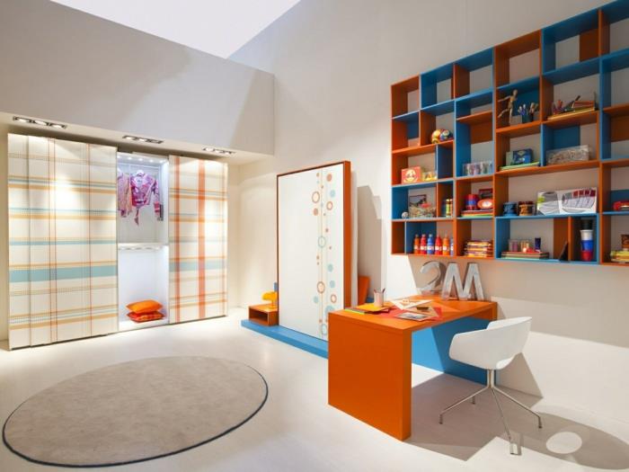 σχεδιασμός παιδικού δωματίου ράφια ανοιχτού τοίχου στρογγυλό γραφείο ντουλάπας χαλιού