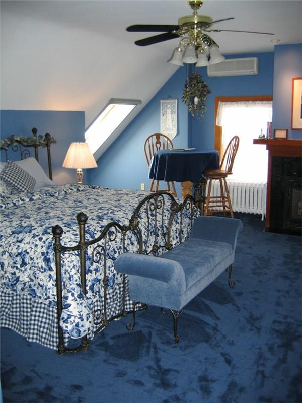 σχεδιασμός κρεβατοκάμαρας μπλε χαλιά υπέροχο κρεβάτι πάγκος κρεβατοκάμαρας