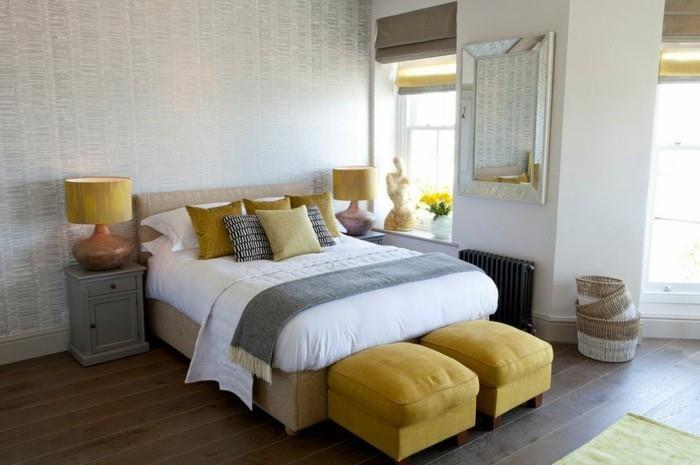 σχεδιασμός κρεβατοκάμαρας κίτρινο σκαμνί ξύλινο πάτωμα όμορφος σχεδιασμός τοίχου
