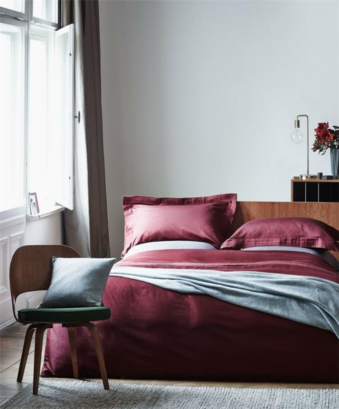 υπνοδωμάτιο σχεδιασμού όμορφο κρεβάτι κόκκινο κομψό παράθυρο χαλί
