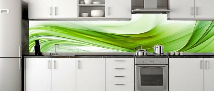 γυαλί πίσω τοίχο κουζίνα πράσινα αφηρημένα σχήματα