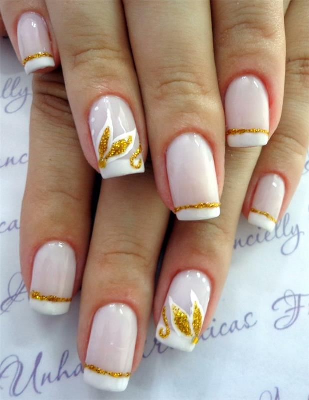 glitter χρυσή λωρίδα floral μοτίβα νυφικά νύχια