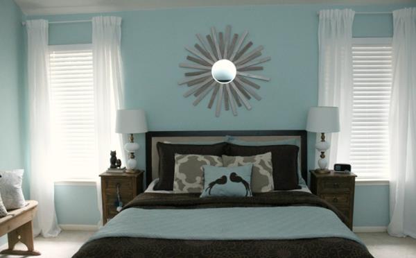 γκρι-μπλε βαφή τοίχου σε σκόνη μπλε κρεβατοκάμαρα σχέδιο διακόσμησης τοίχου με καθρέφτη