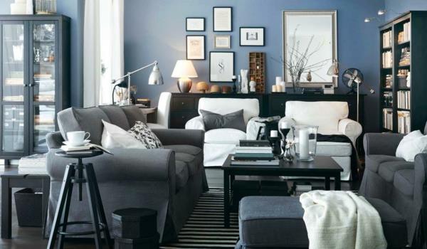 γκρι μπλε βαφή τοίχου σε σκόνη μπλε χρώμα σχεδιασμός σαλόνι ιδέες