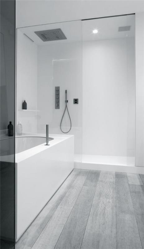 γκρι δάπεδο αδιάβροχο laminate στο μπάνιο πολύ μοντέρνο μινιμαλιστικό λουτρό σχεδιασμού μπανιέρας γυάλινοι τοίχοι ντους