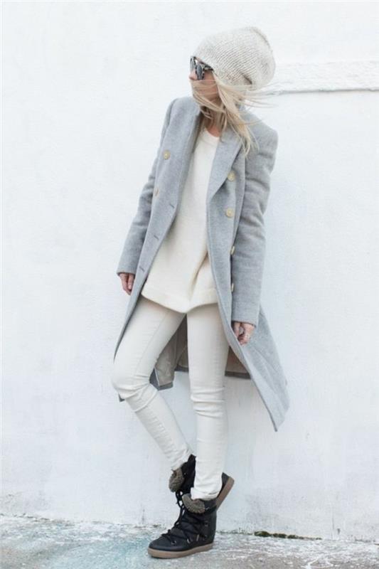 γκρι παλτό στολή χειμερινή μόδα γυναικείο παλτό διπλό στήθος