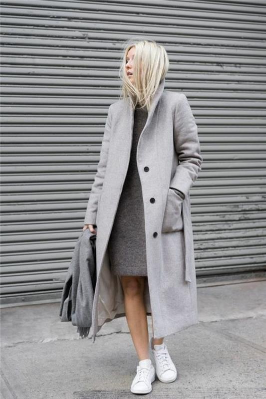 γκρι παλτό στολή χειμερινές τάσεις μόδας κυρίες παλτό μακρύ