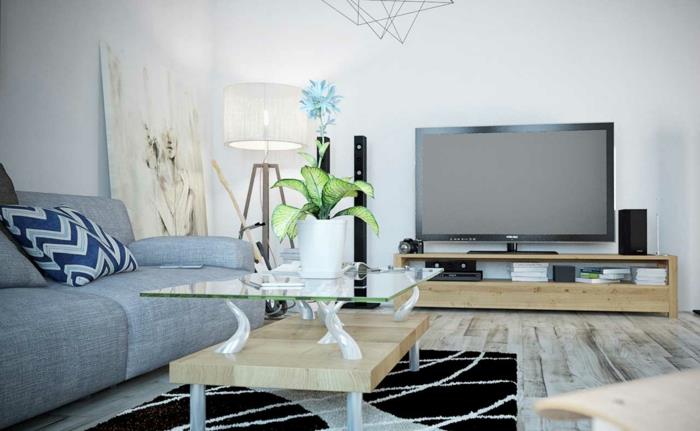 γκρι καναπές ιδέες σπιτιού σαλόνι κομψό χαλί τηλεόραση φυτό