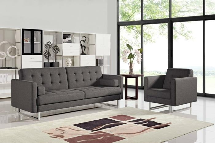 γκρίζος καναπές σαλόνι με επίπλωση κομψό χαλί