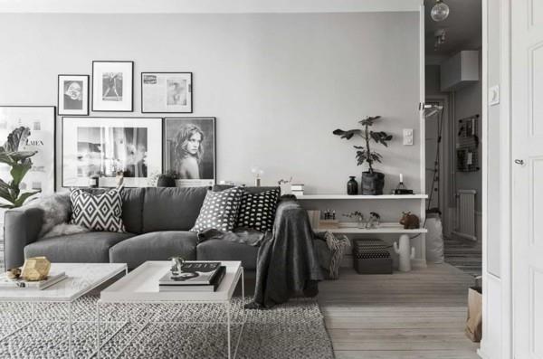 γκρίζος καναπές καθιστικό σκανδιναβική διακόσμηση