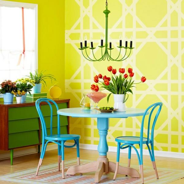 φωτεινά κίτρινα χρώματα τοίχου σχεδιασμός μπλε τραπέζι