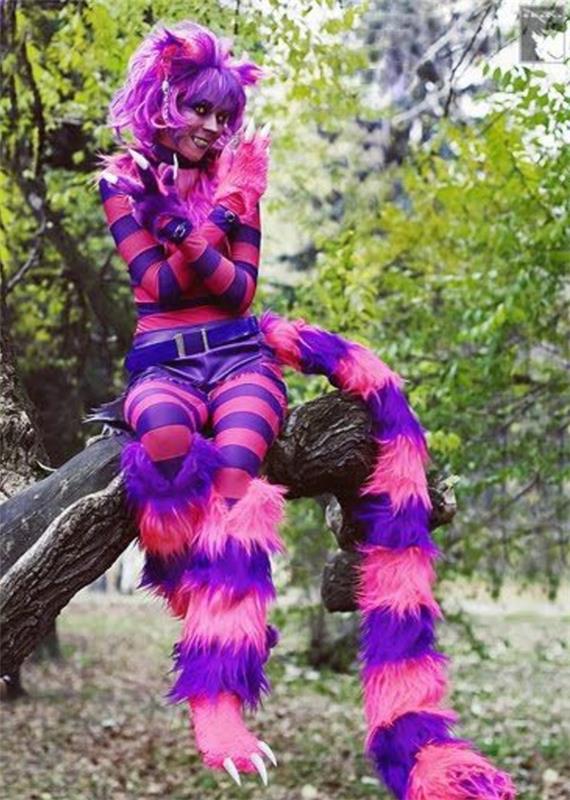 Κοστούμι γάτας Cheshire ροζ μωβ ρίγες καρναβάλι