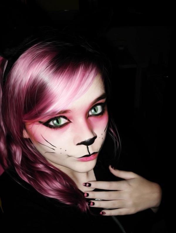 Cheshire κοστούμι γάτας ροζ μοβ ριγέ μακιγιάζ