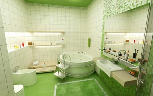 πράσινο λουτρό σχεδιασμός μπανιέρα λευκά πλακάκια τοίχου