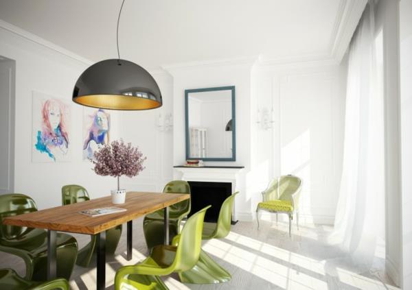 πράσινες καρέκλες-λευκοί τοίχοι-τραπεζαρία