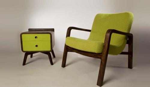 πράσινες καρέκλες σχεδιαστών ξύλινο πλαίσιο κομοδίνο πράσινα συρτάρια