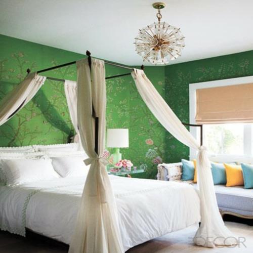 πράσινο σχέδιο τοίχου λουλούδι μοτίβο πολυέλαιος στρώμα κρεβάτι κρεβάτι