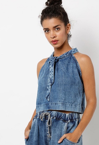 Önden Bağlamalı Denim Boyundan Bağlamalı Üst