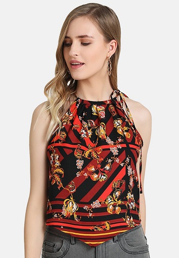 Yüksek Boyun Çiçekli Halter Top