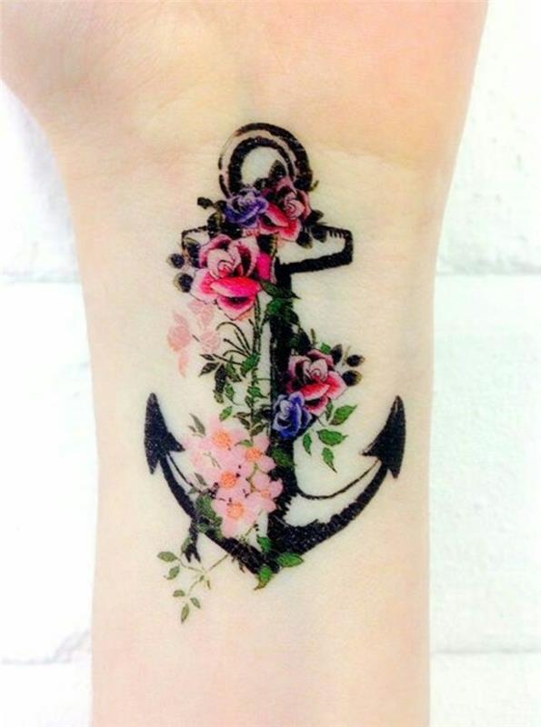 καρπό τατουάζ άγκυρα με λουλούδια