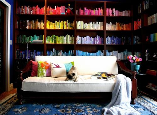 βιβλιοθήκη σπιτιού πολύχρωμα ράφια τοίχου λευκός καναπές σκύλος ιδέα δροσερό