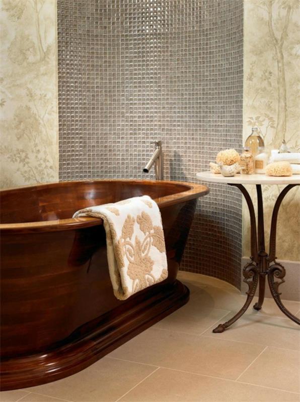 σχεδιασμός σπιτιού μπανιέρα ξύλινο μπάνιο πιστό στη φύση ύφασμα κομψό