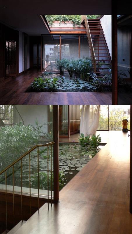 σχέδια σπιτιών με εσωτερικά νερά κήπου ξύλο σκούρα φυτά
